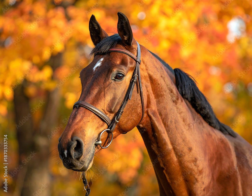 Obraz premium Close-up of a brown horse with a bridle against autumnal foliage