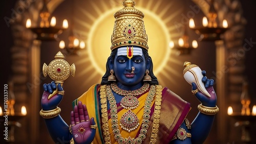 Blue Skinned Deity with Golden Ornaments and Conch Shell