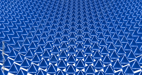 Abstract 3D geometric background featuring a repeating pattern of blue triangular shapes with sharp angles and depth. Modern futuristic design suitable for technology, architecture, data visualization