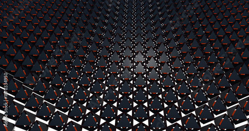 Abstract 3D geometric background featuring a repeating pattern of dark triangular shapes with sharp angles and depth. Modern futuristic design suitable for technology, architecture, data visualization