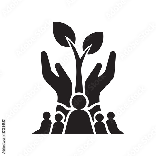 Group of people with hands raised up supporting a growing plant symbolizing community growth and nurturing together