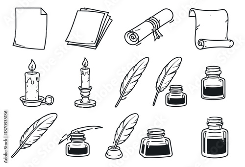 Hand drawn line art writing and stationery set featuring paper, scrolls, candles, quill pens, and ink bottles for historical and literary themes