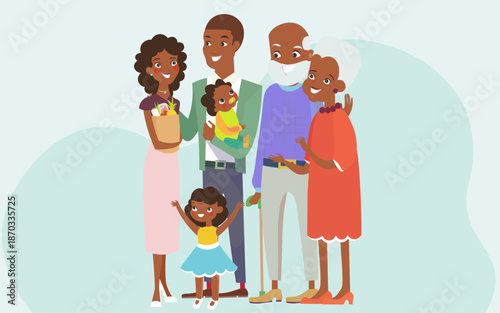 Smiling Cartoon Family with Mother, Father, Daughter, and Son Illustration