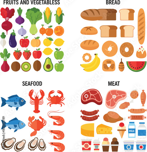 Food groups illustration set featuring fresh fruits vegetables bread types seafood selection and meat dairy product categories.