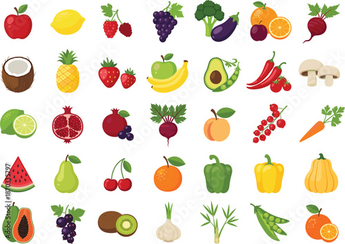 Fresh organic fruits and vegetables illustration set featuring apples berries citrus exotic fruits greens and root vegetable symbols.