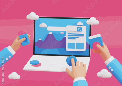 Conceptual digital illustration of hands interacting with a laptop featuring mountain landscape search interface and cloud elements.