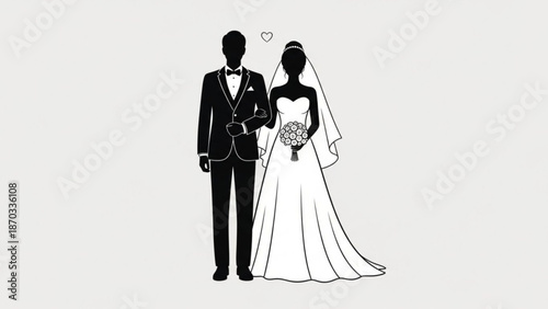 Elegant silhouette of a bride and groom in wedding attire a classic symbol for marriage and love isolated on a clean background