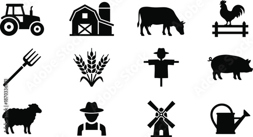 Farm and agriculture silhouette icon set, rural countryside vector collection with tractor, barn, cow, rooster, pig, sheep, wheat, scarecrow, farmer and windmill
