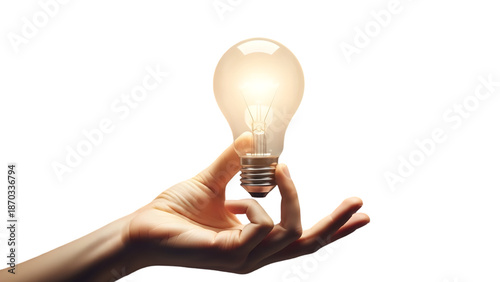 Business idea concept hand holding glowing light bulb isolated on transparent background