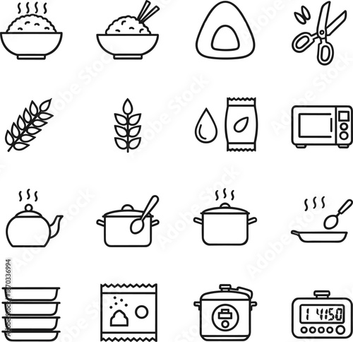 Rice cooking and grain preparation line icons featuring steamer pots rice bowls and kitchen timers.