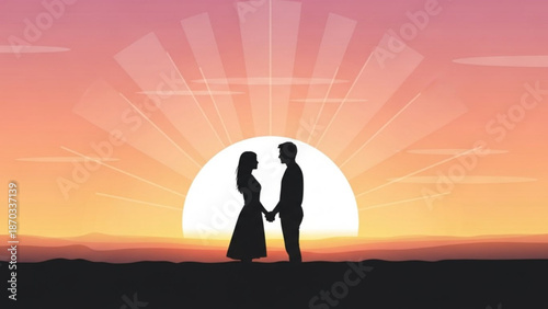 Silhouette of a couple holding hands against a vibrant sunset symbolizing love and romance perfect for wedding invitations or travel websites