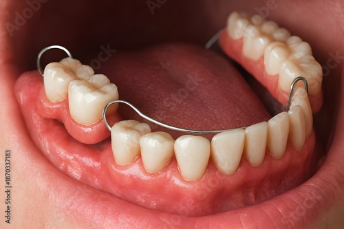 Close-up of removable partial denture in patient mouth showing metal clasps and false teeth for dental restoration.