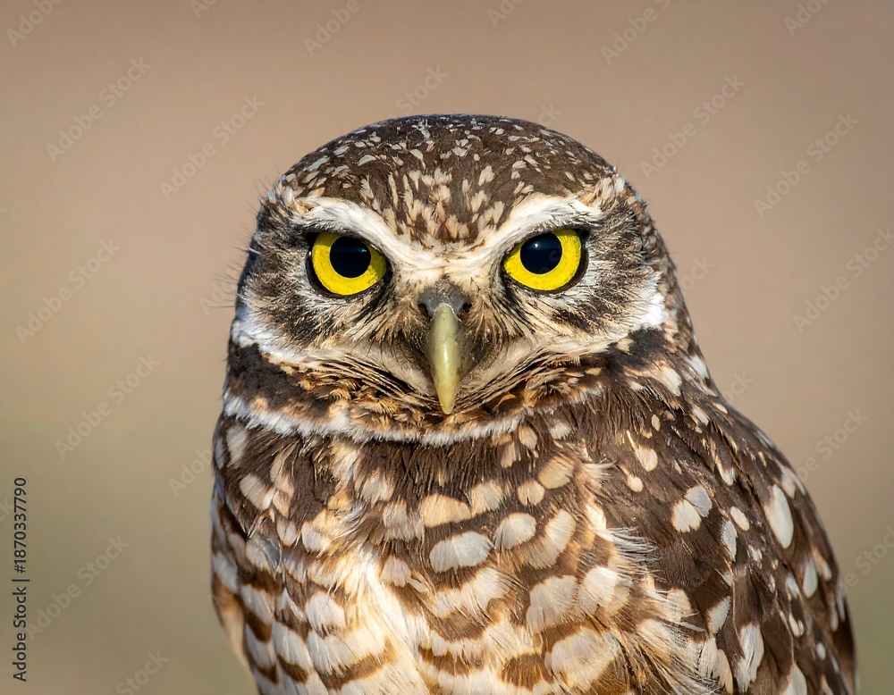 Obraz premium Close-up of a burrowing owl with piercing yellow eyes