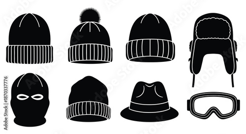 Variety of winter headwear designs in a black and white illustration silhouette