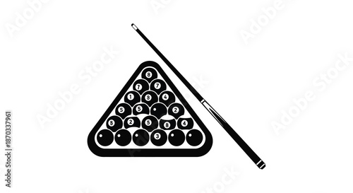 Billiard rack with cue stick depiction in a bold black and white silhouette