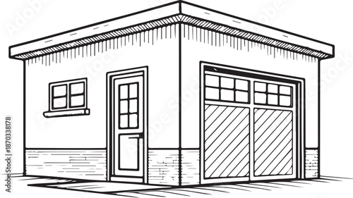Garage Building Hand-drawn Sketch Drawing Vector Illustration, Line Linear Symbol Engraving Coloring Book, Black and White Isolated