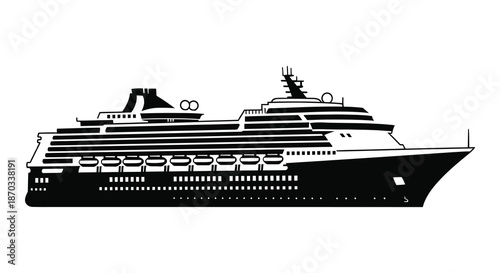 Detailed black and white depiction of a luxury cruise ship sailing on the water silhouette