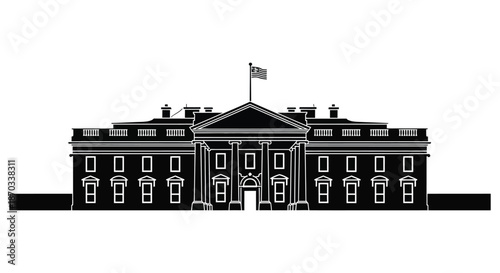 Detailed black and white illustration of the white house exterior a striking silhouette