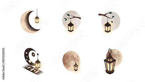 Lanterns Glowing Under Moonlit Skies, Enchanting Nighttime Illustrations