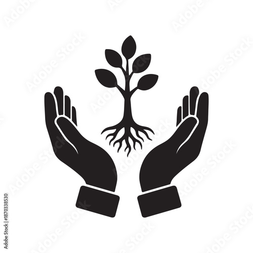 Two hands holding a small tree with visible roots symbolizing growth and nurturing isolated on transparent background