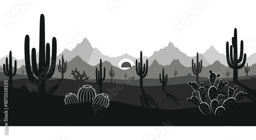 Desert landscape with saguaro cacti and mountains in a striking black and white silhouette