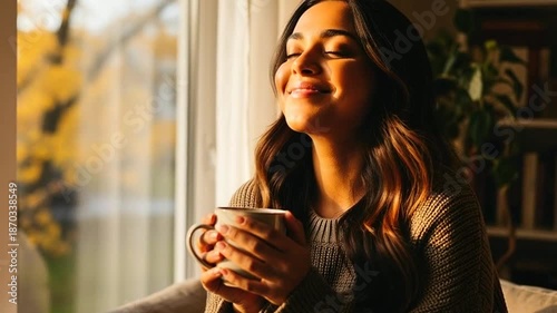 Woman enjoying warm beverage by cozy window on autumn day