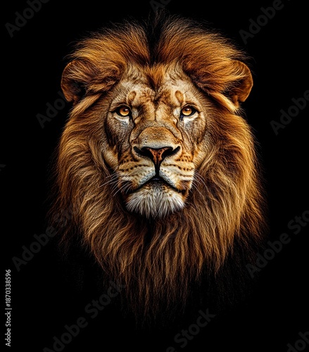 Wallpaper Mural majestic male lion portrait with full golden mane, penetrating gaze and stoic expression against a deep black background Torontodigital.ca