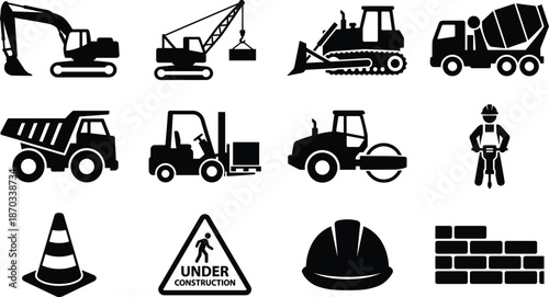 Construction Vehicle and Tool Icons - Excavator, Crane, Dump Truck, Forklift, and Worker Safety Set
