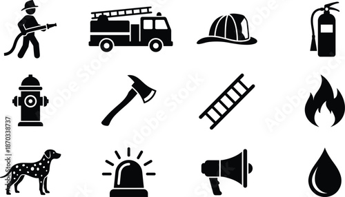 Firefighter and Emergency Rescue Icons - Fire Truck, Helmet, Extinguisher, Hydrant, and Department Symbols
