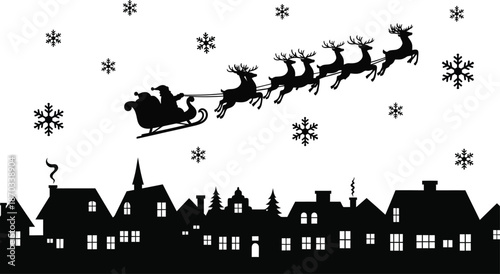 Santa s sleigh and reindeer soar above a winter townscape a striking silhouette
