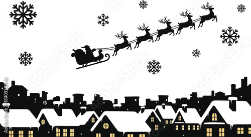 Santa claus and reindeer flying over a town with snowy rooftops silhouette