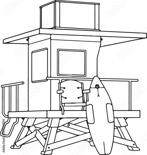 lifeguard station on beach Hand-drawn Sketch Drawing Vector Illustration, Line Linear Symbol Engraving Coloring Book, Black and White Isolated