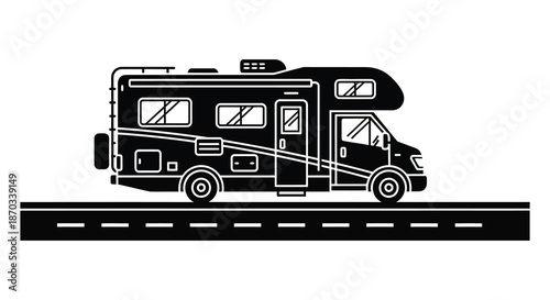 A black rv camper van on a road simple design vector graphic silhouette