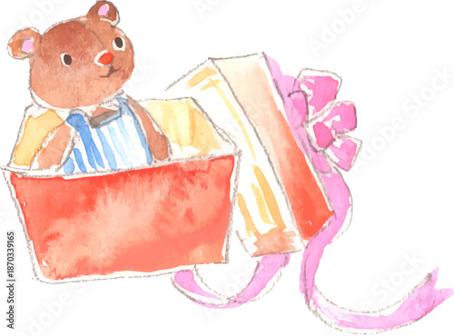 ぬいぐるみの入っているプレゼント箱の水彩イラスト　ベクター