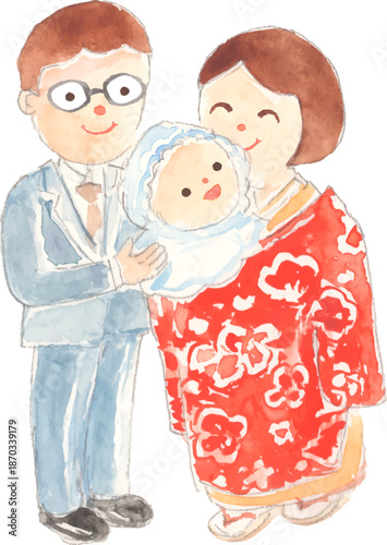 お宮参りをする赤ちゃんと夫婦のイラスト　ベクター