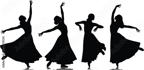 Ballet dancer silhouettes collection, graceful women performing classical dance poses, elegant movement, isolated black vector illustration set on white background artistic performance concept