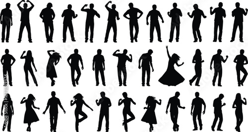 Big set of black silhouettes, dancing people in various poses, men and women partying, isolated vector illustration collection on white background.