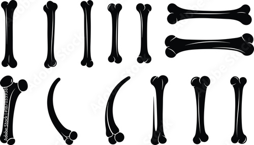 Black cartoon bone set vector illustration, isolated skeleton bone shapes collection for Halloween, pet toys, anatomy design, medical, playful graphic elements