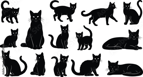 Black cat silhouette collection in various poses, cute domestic feline shapes, pet animal design set, minimalist vector illustration isolated on white background