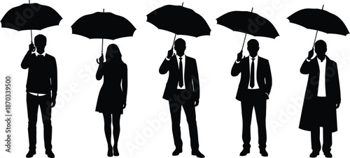 Business people holding umbrellas silhouette vector illustration, men and woman standing with umbrella, corporate protection concept, teamwork safety design isolated on white background