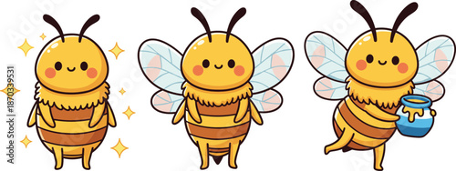 Cute Bee Character Set with Honey Jar Sparkles and Wings Cartoon Insect Vector Illustration Collection