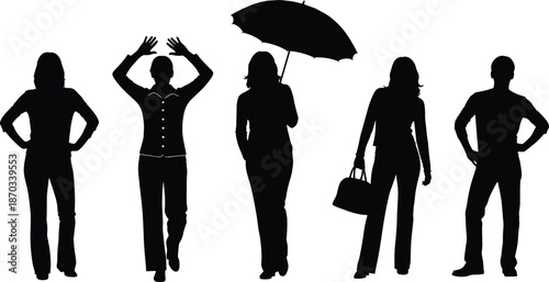Business people silhouette collection, men and women standing poses with umbrella and bag, professional lifestyle and fashion concept, modern vector illustration isolated on white  