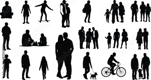 Business people walking silhouettes collection, men and women in formal and casual outfits, urban fashion style, black white vector illustration set