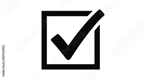 A black and white image of a checkmark inside a square a bold silhouette