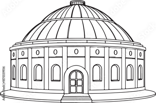 Planetarium Building Hand-drawn Sketch Drawing Vector Illustration, Line Linear Symbol Engraving Coloring Book, Black and White Isolated