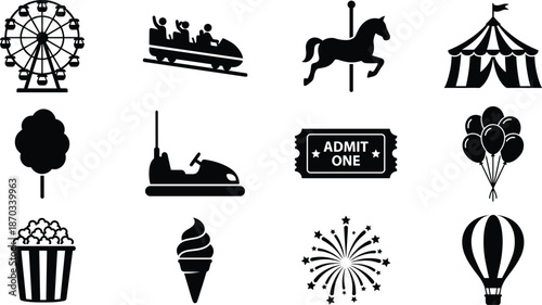 Carnival and Amusement Park Icons - Ferris Wheel, Roller Coaster, Circus Tent, and Cotton Candy Set
