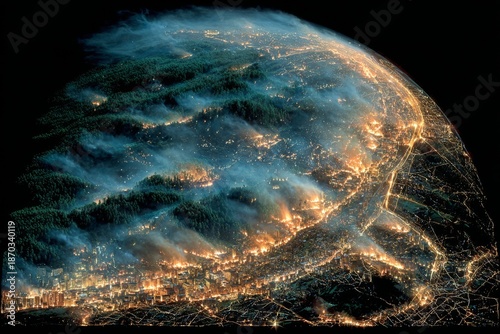 A surreal globe of forests and cities burns with bright flames and drifting smoke in the darkness, powerfully illustrating climate emergency, deforestation, and global environmental crisis themes.
