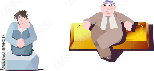 Conceptual illustration of economic inequality: a wealthy man sitting on a gold bar and a poor man sitting on a stone.
