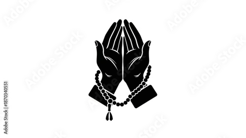 Black silhouette of praying hands with rosary beads on white background symbolizing faith and spirituality in a simple yet powerful graphic design