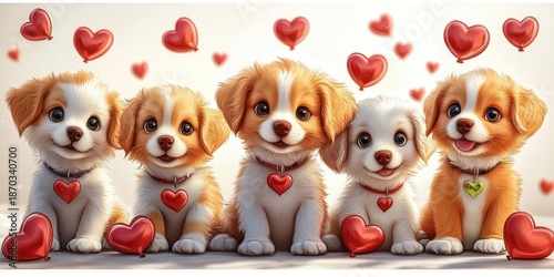 Five adorable fluffy puppies sitting in a row with heart-shaped balloons floating around them, creating a cute and loving atmosphere